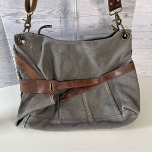 Gray Canvas Shoulder Bag with Brown Leather Trim